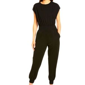 Bishop + Young Keep it Cozy Jumpsuit Black Cotton Stretch Short Sleeve Black